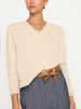 Jolie beige fringe trim v-neck sweater front view 2