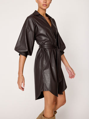 Kate belted button up mini dress brown vegan leather side view