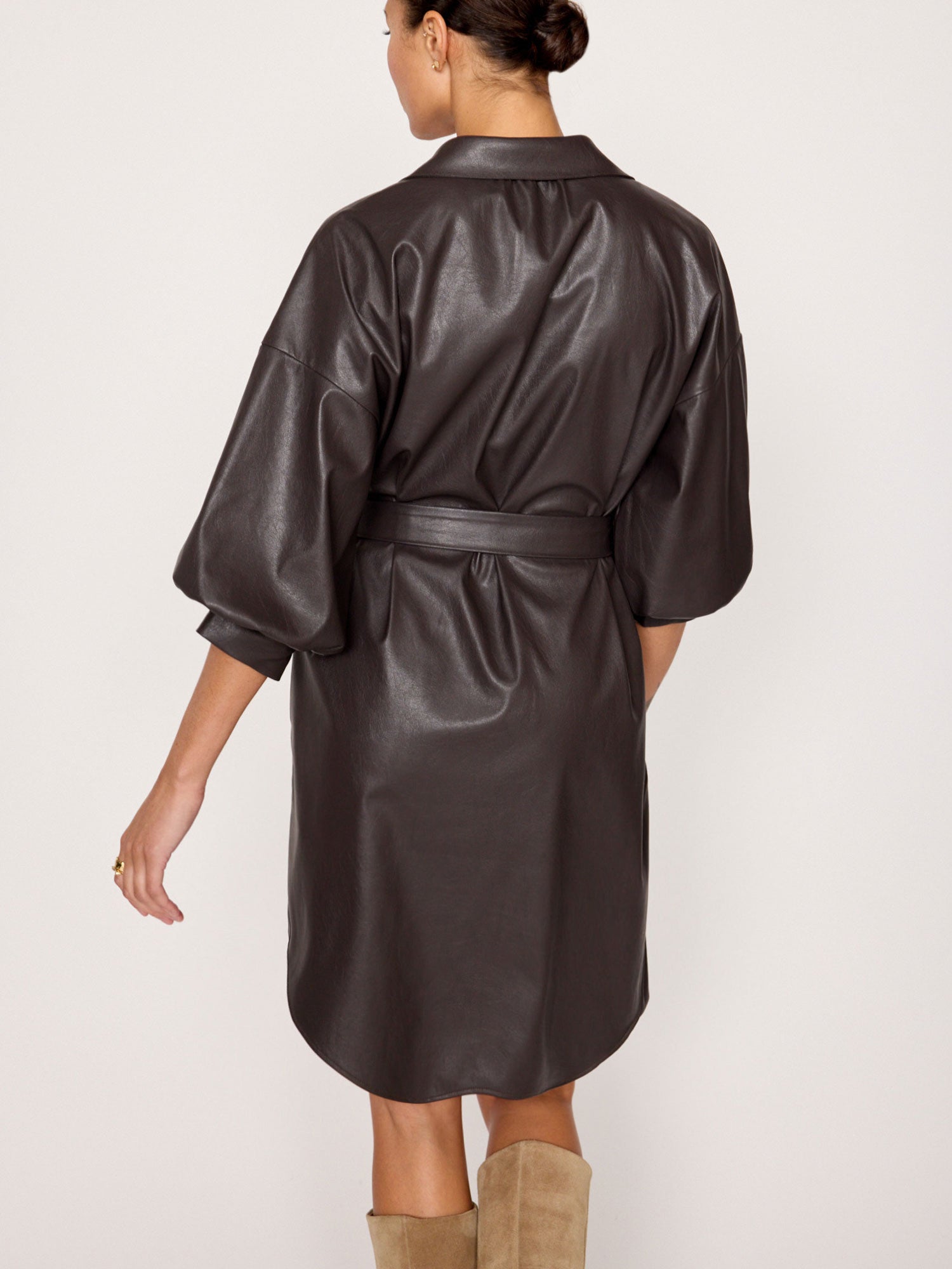 Kate belted button up mini dress brown vegan leather back view