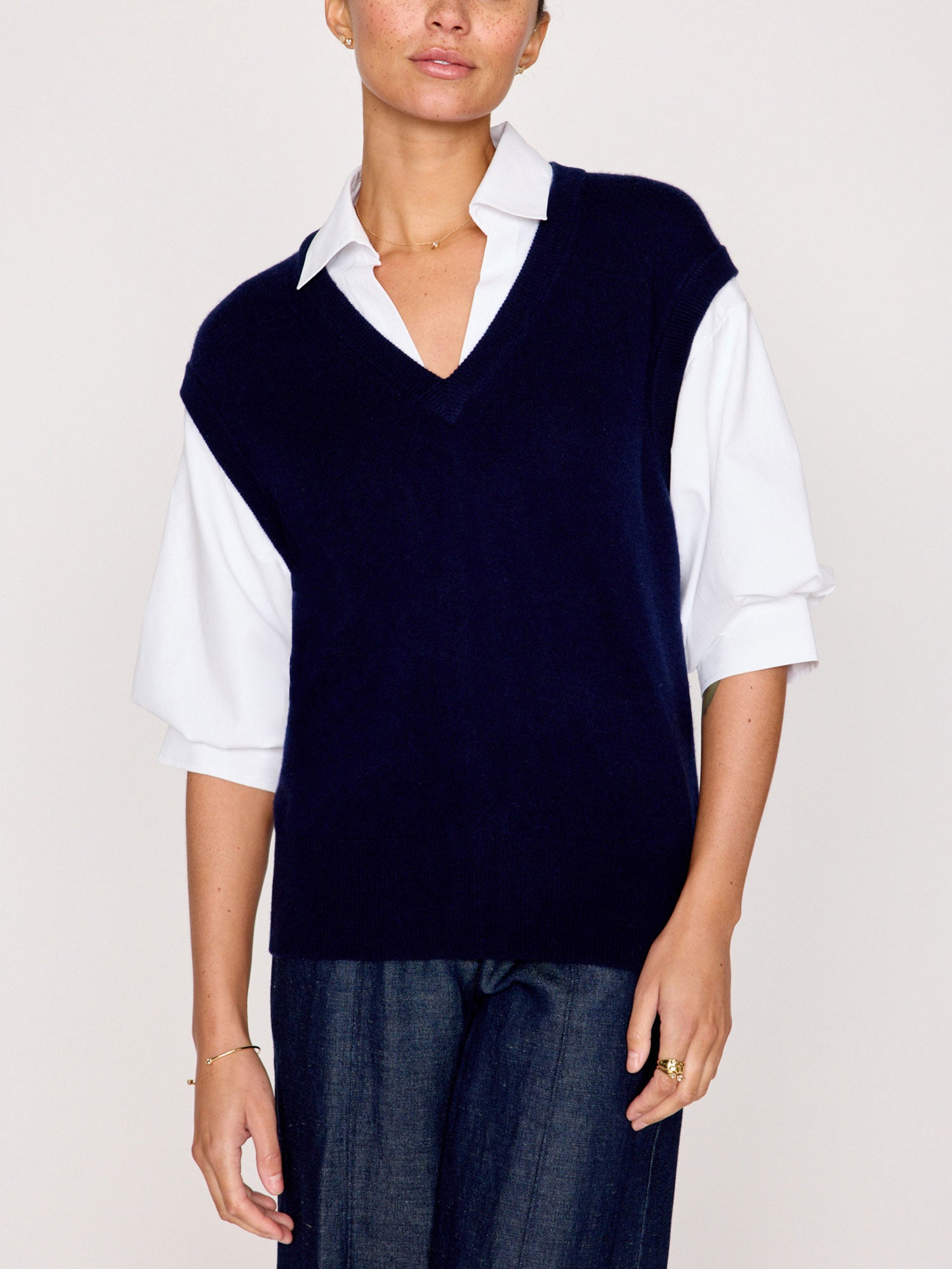 Kate navy vest overlayer white shirt front view 2