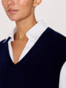 Kate navy vest overlayer white shirt closeup view