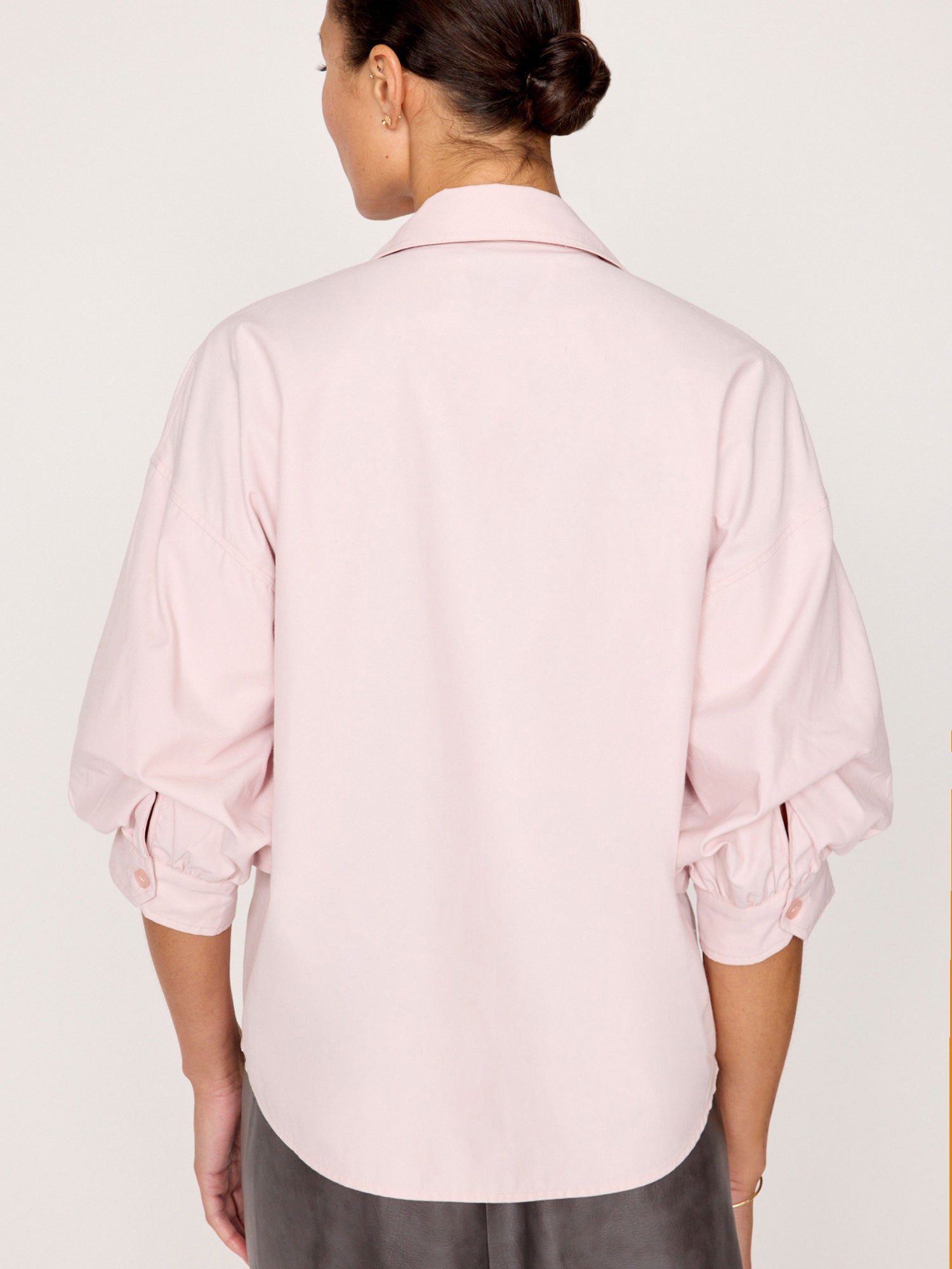 Kate V-neck button up pink shirt back view