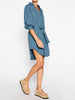 Kate belted button up mini dress blue gray side view 2