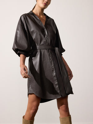 Kate belted button up mini dress brown vegan leather front view