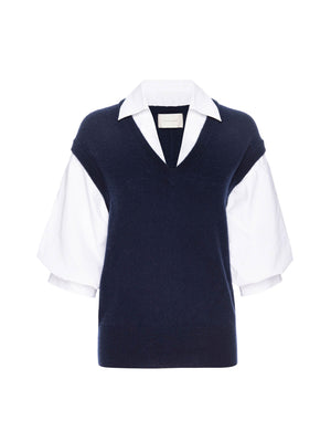 Kate navy vest overlayer white shirt flat view