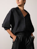 Kate V-neck button up black shirt front view 2