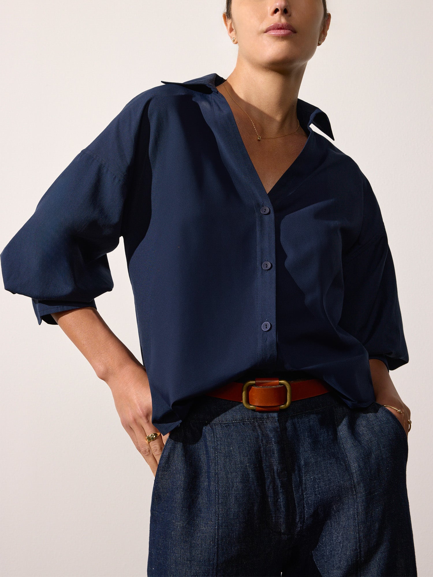 Kate V-neck button up navy shirt front view 3