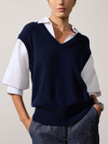 Kate navy vest overlayer white shirt front view