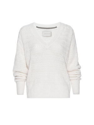 Leia open stitch V-neck white sweater flat view 2