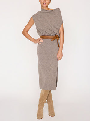 Lori cashmere sleeveless midi grey dress full view with belt