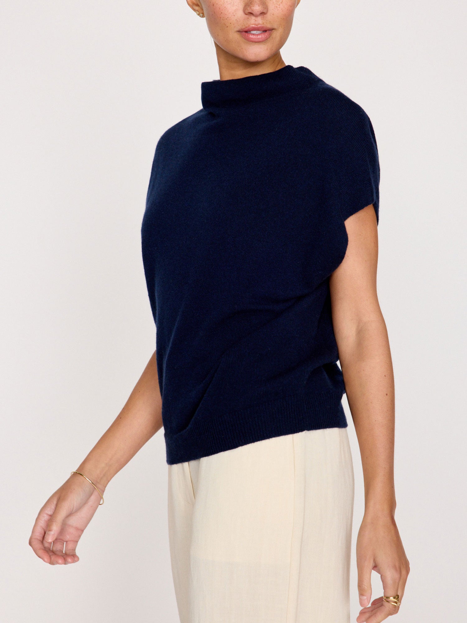 Morten funnel neck cashmere blue top side view