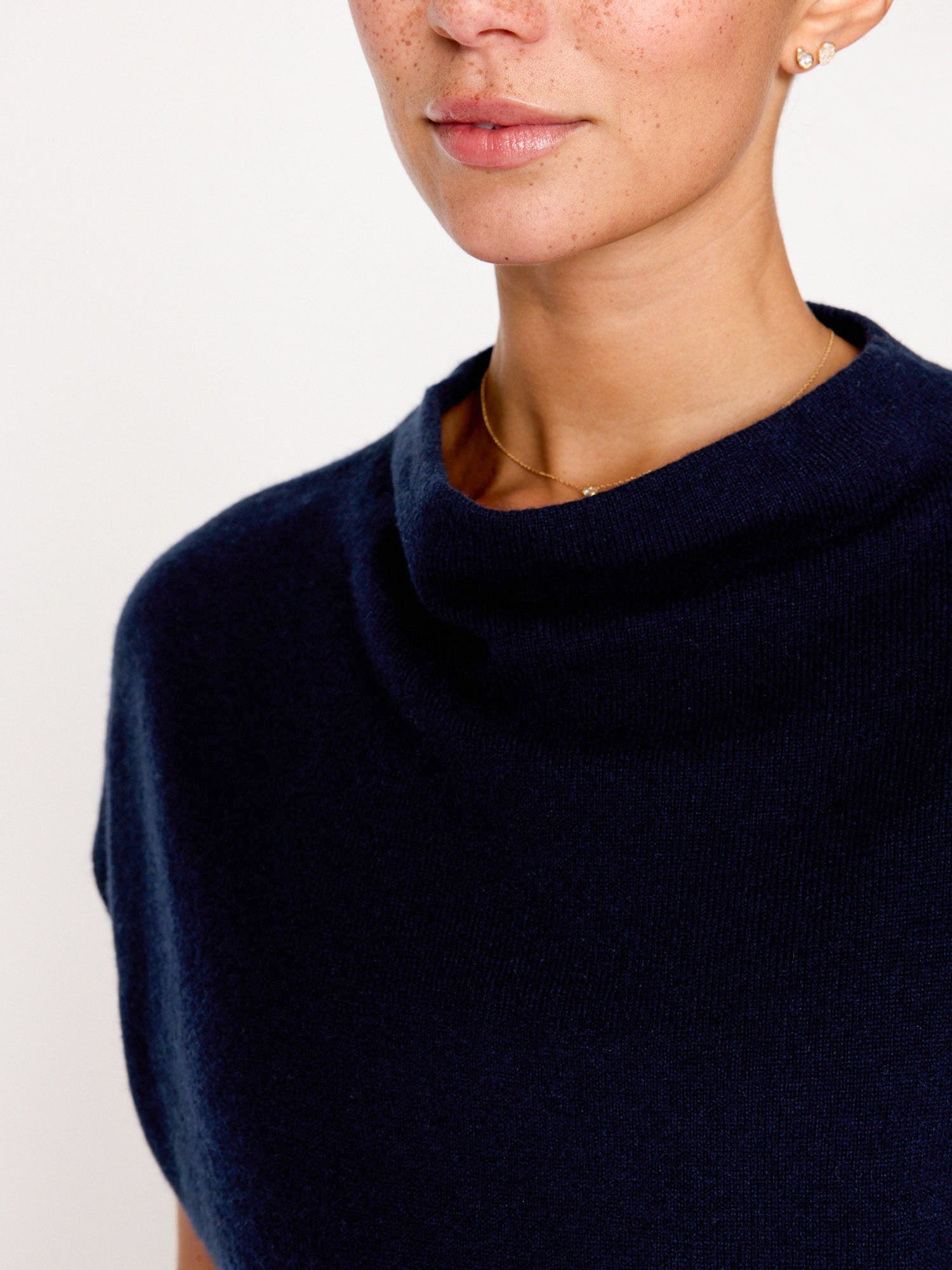 Morten funnel neck cashmere blue top closeup view