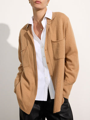 Andre cashmere button down camel shacket front view