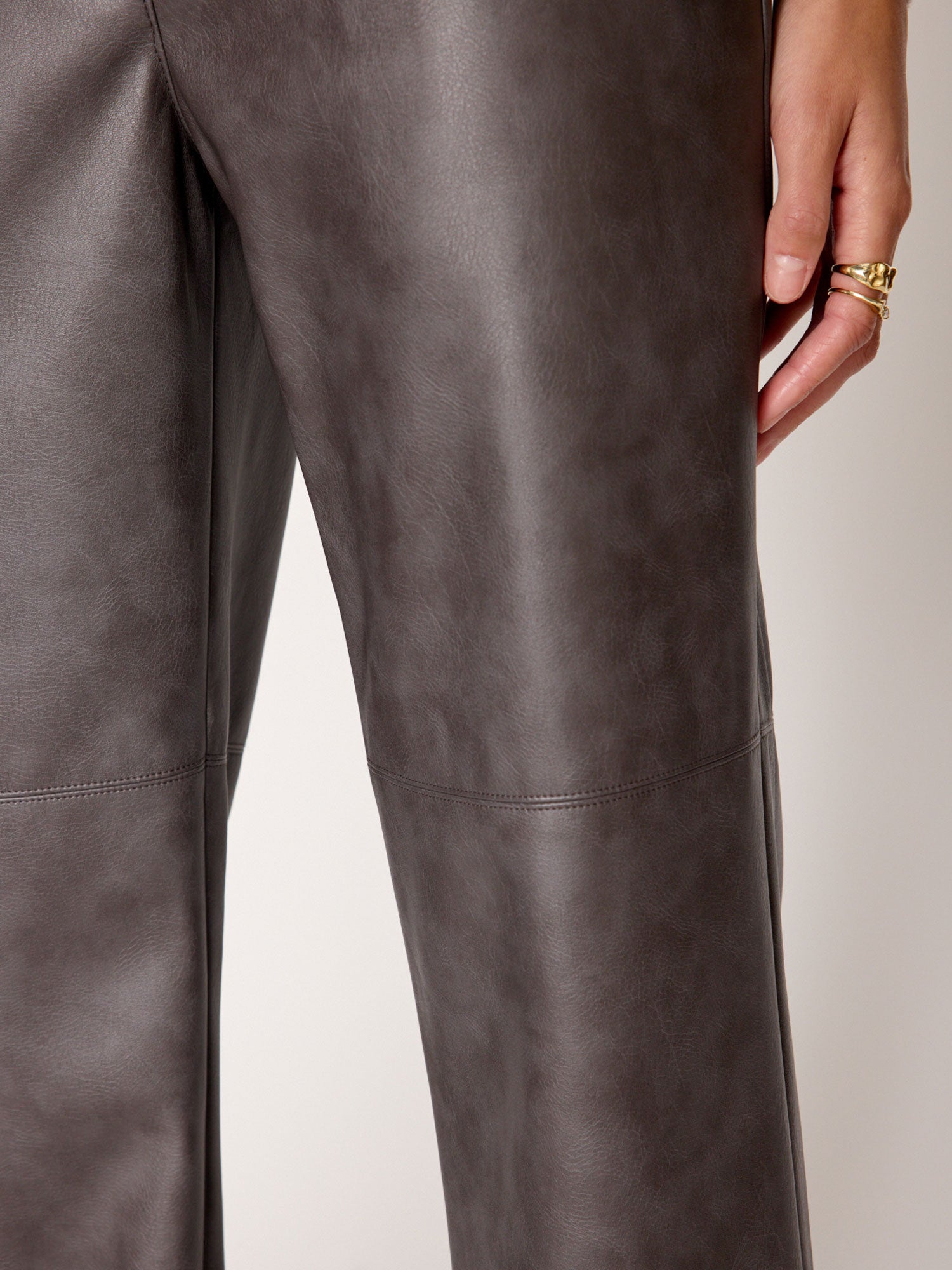 Namari straight leg brown vegan leather pant  closeup view