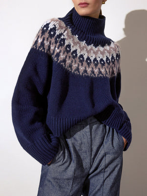 Odessa navy cashmere-wool fairisle sweater front view