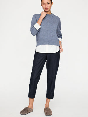 Raya blue ruched layered crewneck sweater full view