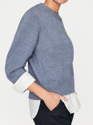 Raya blue ruched layered crewneck sweater side view