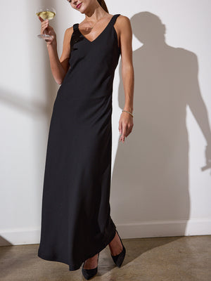 Stella sleeveless black v neck maxi dress front view 2