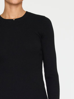 Tamsin Skinny Rib long sleeve black top closeup view