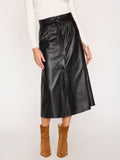 Teagan vegan leather black belted button front midi skirt front view