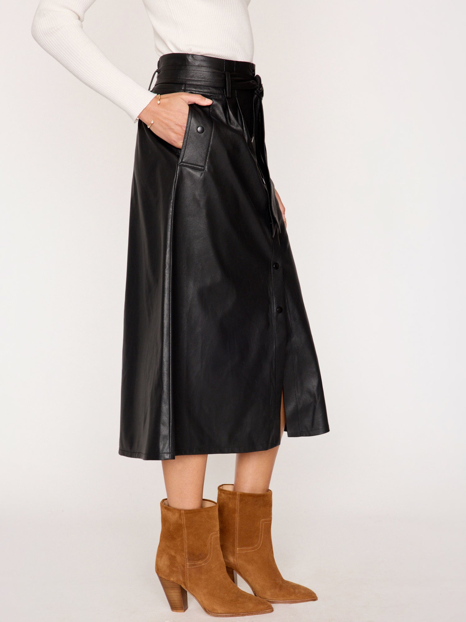 Teagan vegan leather black belted button front midi skirt side view