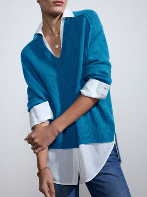 Looker ocean blue layered v-neck sweater front view