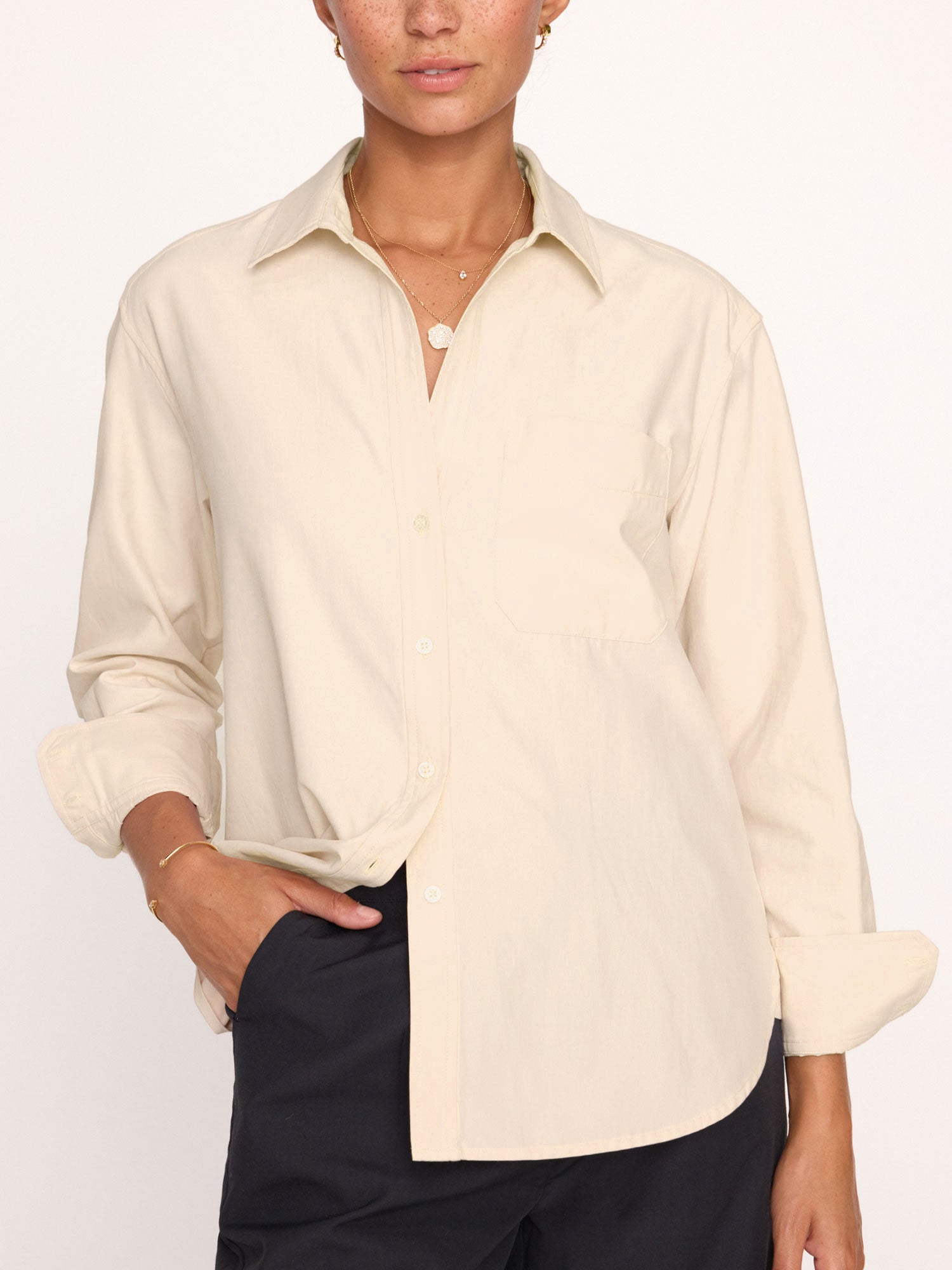 Everyday button up beige shirt front view 3