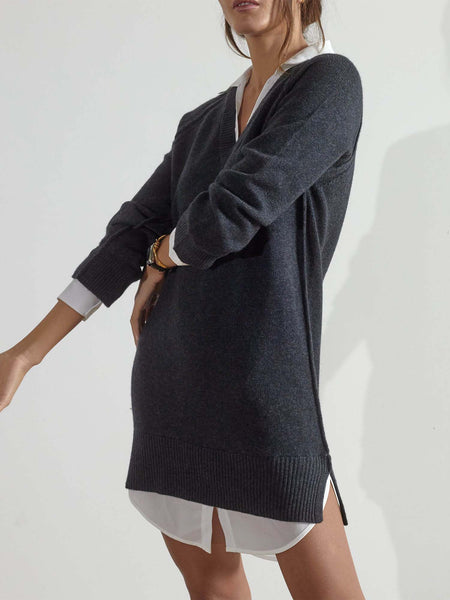 Brochu Walker | Women's Layered V-Neck Sweater Dress in Charcoal with White  Underlayer