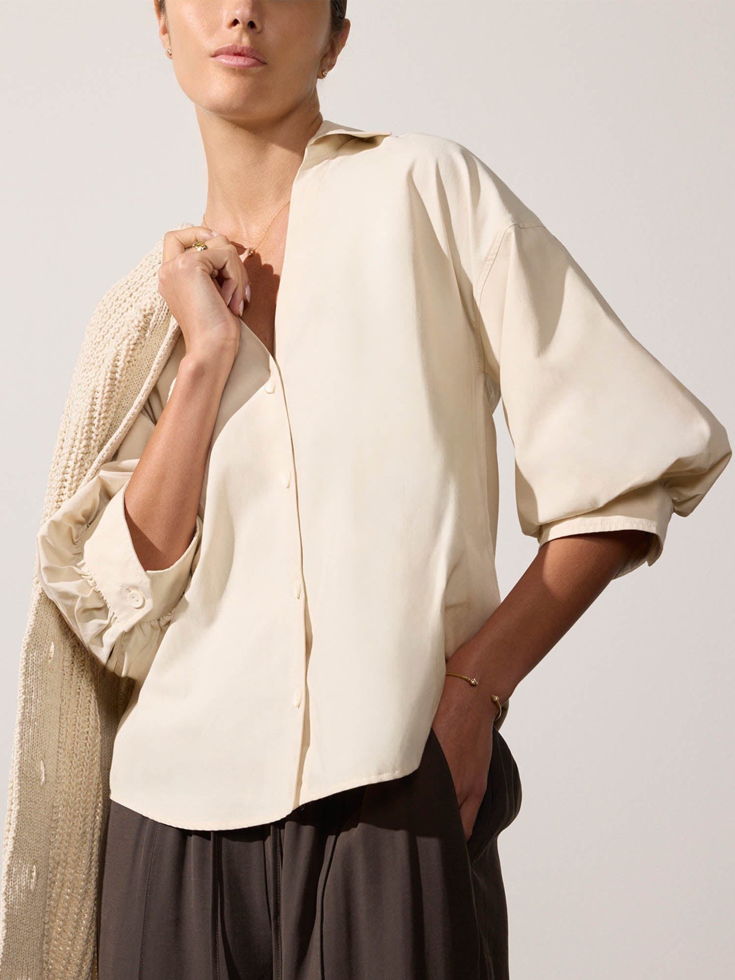 Kate V-neck button up beige shirt front view