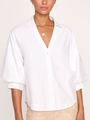 Kate V-neck button up white shirt front view 3