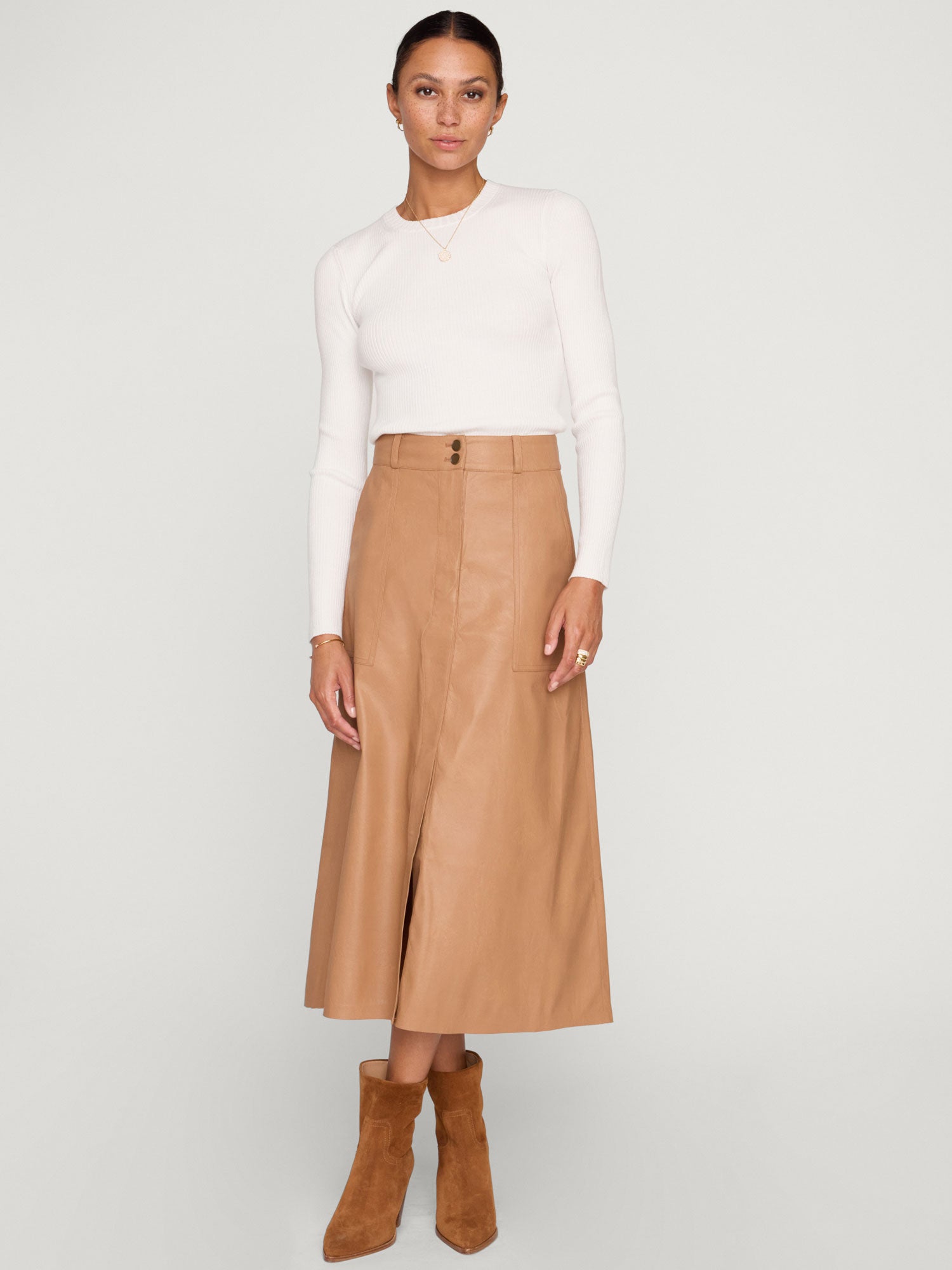 Khaki leather midi skirt best sale