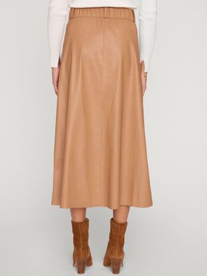 Mica vegan leather tan midi skirt back view