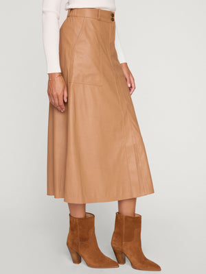 Mica vegan leather tan midi skirt side view