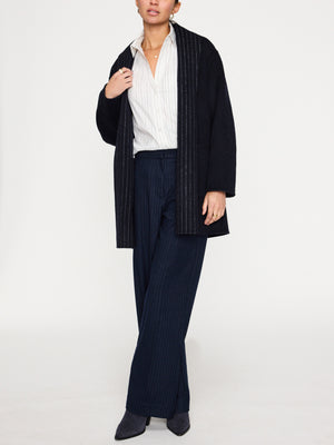 Mina wool reversible navy and navy pinstripe coat full view 2