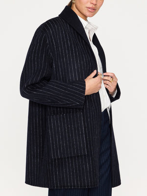 Mina wool reversible navy and navy pinstripe coat side view