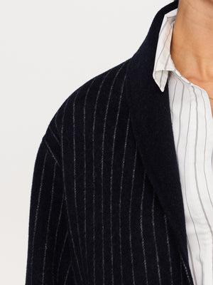 Mina wool reversible navy and navy pinstripe coat close up