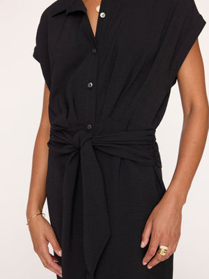 Setia black wrap belt shirtdress close up