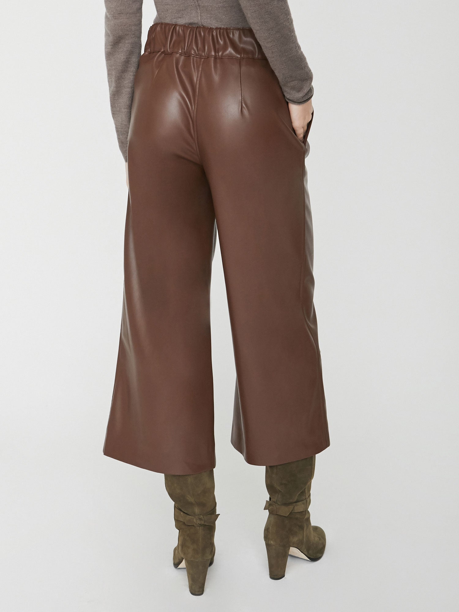 Vegan Leather Cropped Pants, Brown, Wide Leg, Women's