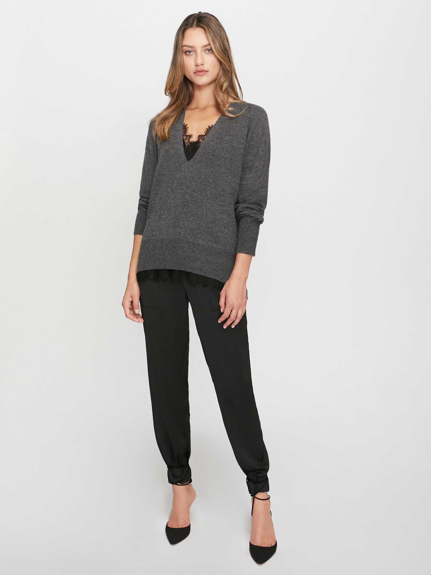 Brochu Walker Women's Lace Vee Looker Pullover, Charcoal