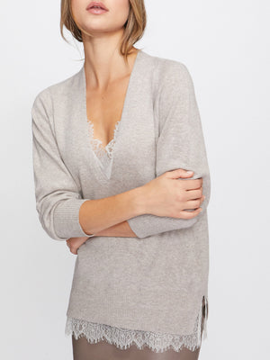 Light grey lace layered v-neck sweater front view 2