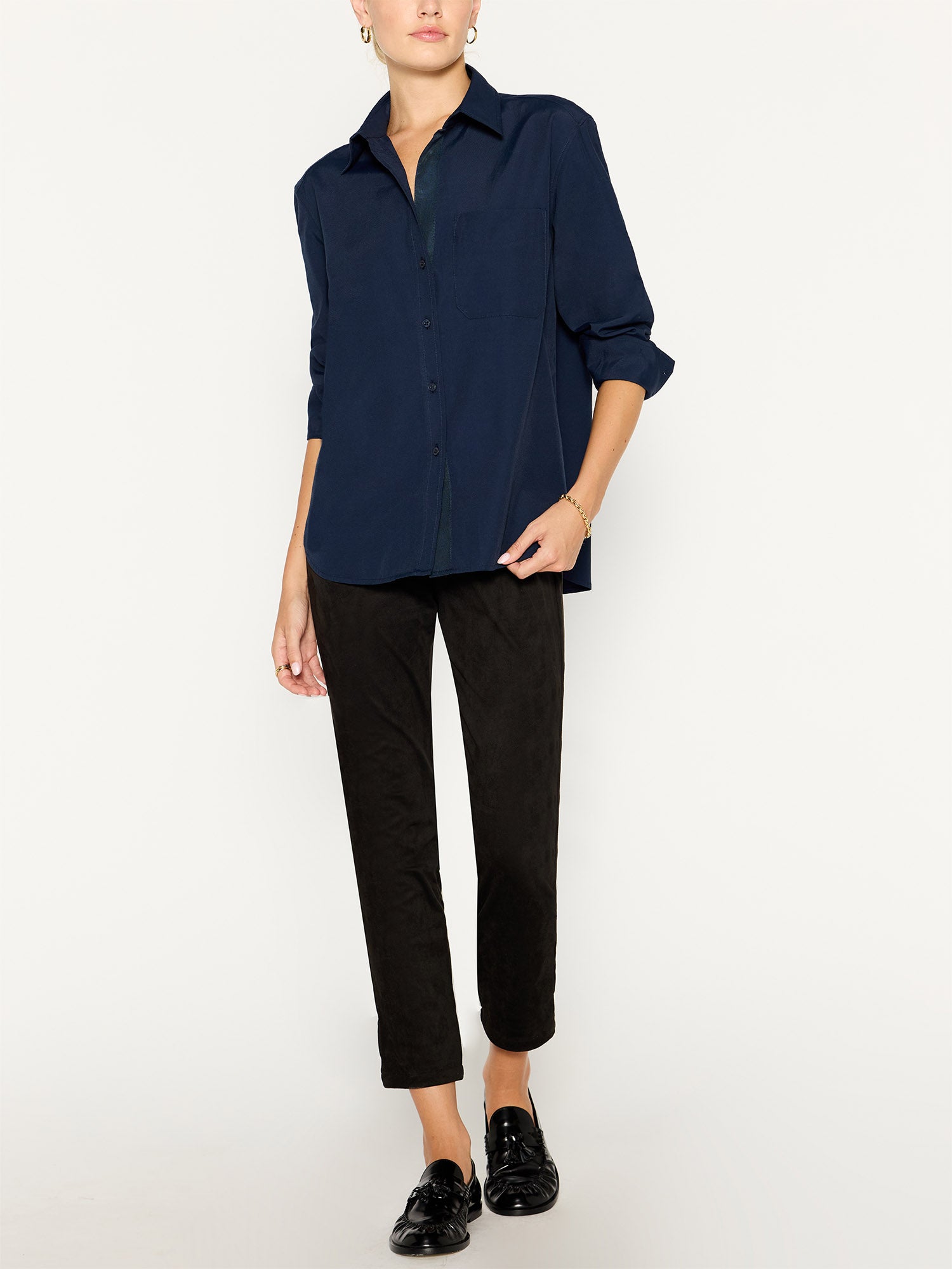 Navy blue button up shirt womens best sale