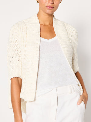 Fida white cotton three-quarter sleeve cardigan front view 3