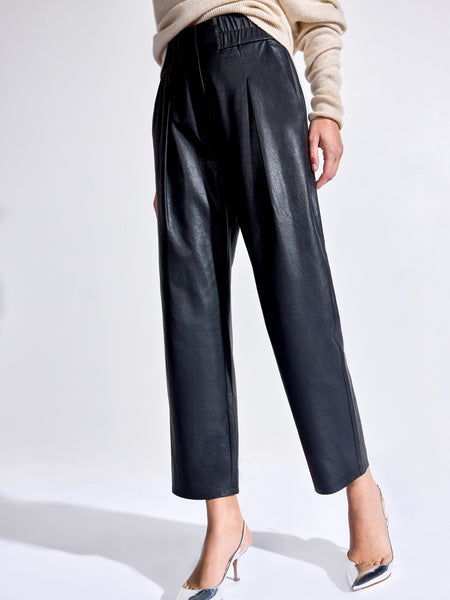 Elastic Waist Tapered Fit Pleated PU Trouser