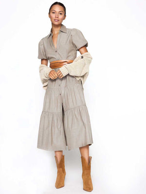 Havana tiered midi dress tan grey taupe front view 2