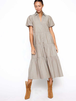 Havana tiered midi dress tan grey taupe front view 3