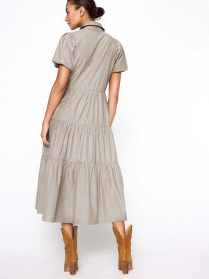 Havana tiered midi dress tan grey taupe back view