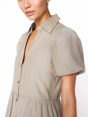 Havana tiered midi dress tan grey taupe close up