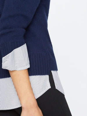 Eton navy stripe layered crewneck sweater close up