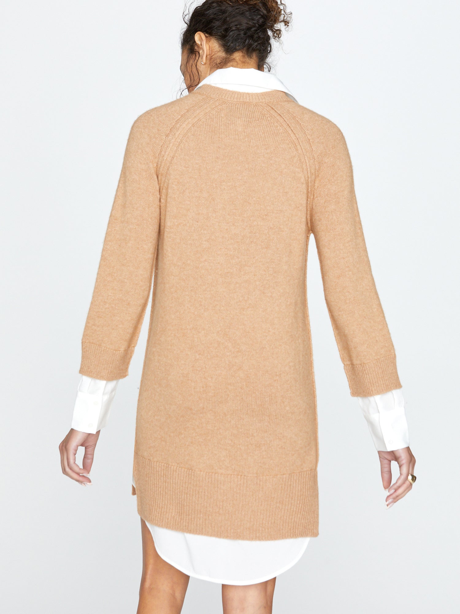 Women s Layered V Neck Sweater Dress in Camel with White Underlayer