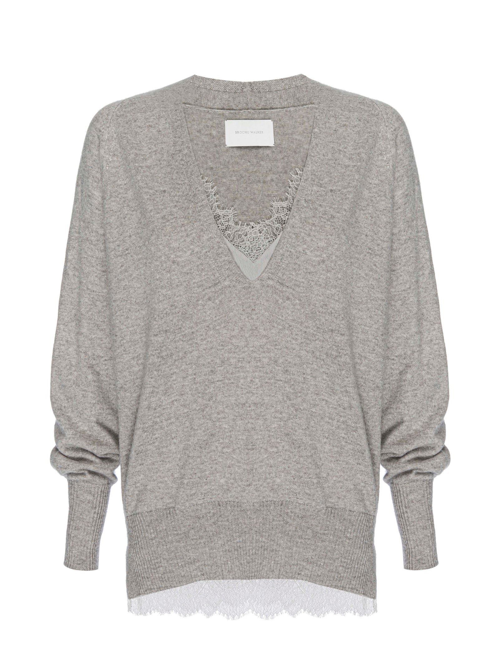 Light grey lace layered v-neck sweater flat view